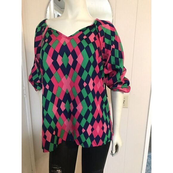 Disney Parks Womens Medium Escapada Living Pink Navy Origami Top Beaded NWT - Picture 10 of 11